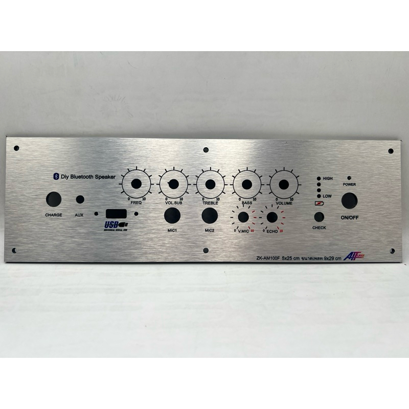 เพลทลำโพงบูลทูธรุ่น ZK-AM100F  วัตแบตเม็ดไฟ ช่องเพลท5*25ขนาดแผ่น29x9ซมเพลทคอมโพสิตสีเงิน