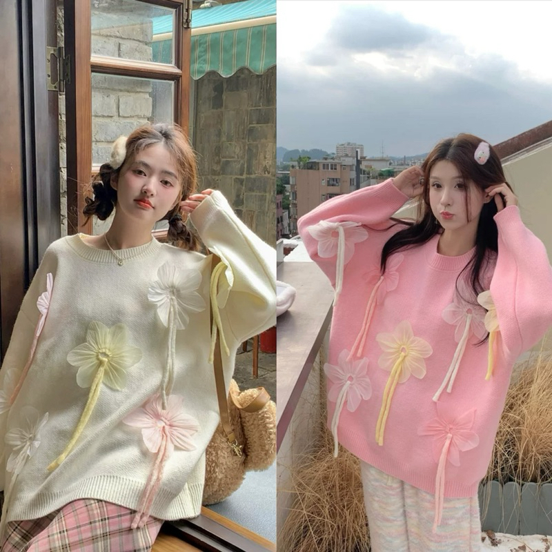 Chinshirtสเวตเตอร์คอกลมแต่งดอกไม้สดใส สไตล์สาวหวาน