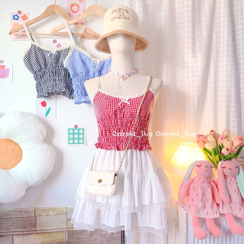 OVP มี4สี เสื้อสายเดี่ยว ลายสก็อต สายแต่งฉลุสีครีม เสื้อกล้ามสก็อต