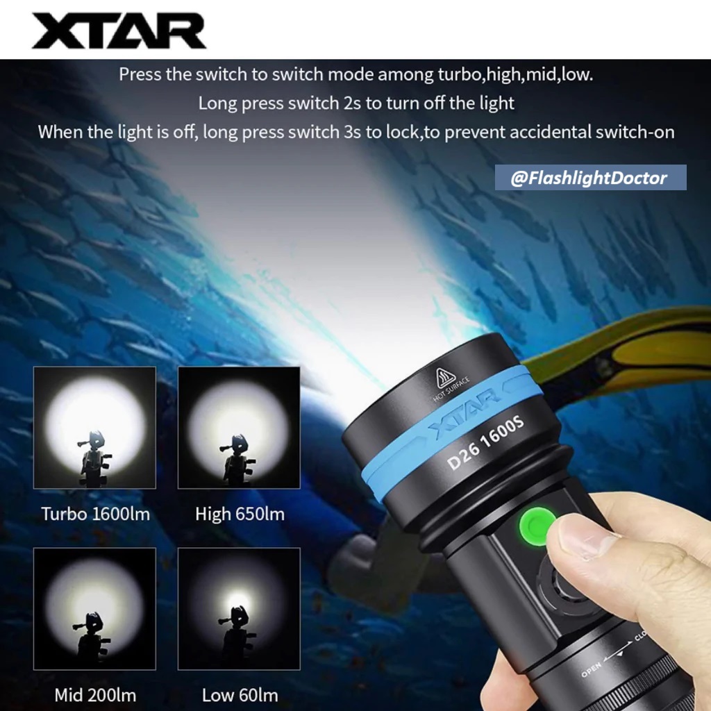 ไฟฉายดำน้ำ XTAR D26 1600S 100M Diving Flashlight  ใต้น้ำลึกสูงสุด 100m ใช้ทั่วไป 530m
