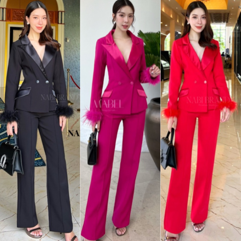 สีใหม่ สีขาว XS-XL Set สูทกระดุมสองเม็ด ปลายแขนแต่งด้วยขนนก สีใหม่ ดำ แดง กรม
