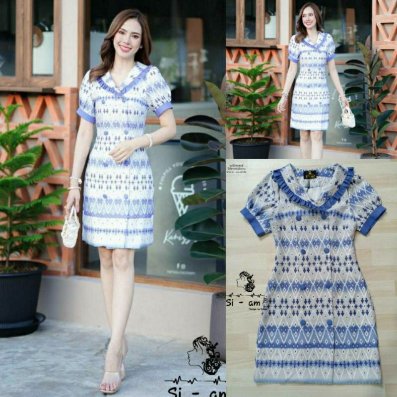 (S-2XL) Si-am 📣พร้อมส่งเดรสสูทลายไทยพิมพ์ลายแต่งคอระบายทรงสวยน่ารัก