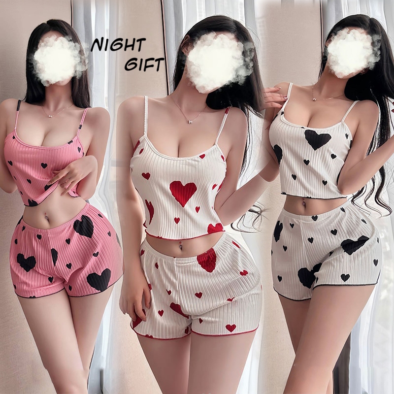 ชุดนอนผู้หญิง  ชุด2ชิ้น💋ผ้าลายแนวตั้งลายหัวใจแต่งโบว์💕ชุดอยู่บ้าน🚚ส่งไวจากไทย1-3วัน