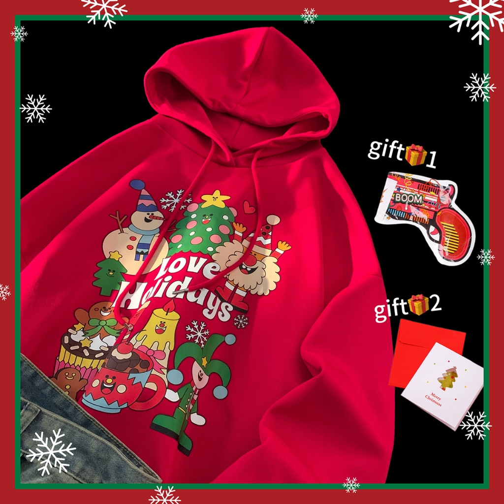 Christmas Hoodie เสื้อฮู้ดแขนยาว เสื้อกันหนาวผู้ชาย ผู้หญิง มอบการ์ดคริสต์มาสและของขวัญ ทรงหลวมพอดีตัว Clothing Man
