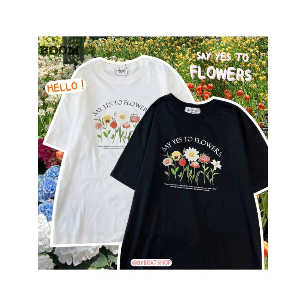 （จัดส่งตลอด 24 ชั่วโมง） เสื้อยืด oversize ผ้าคอตตอน สกรีนลาย Flower (ใส่ได้ทั้งชาย-หญิง)