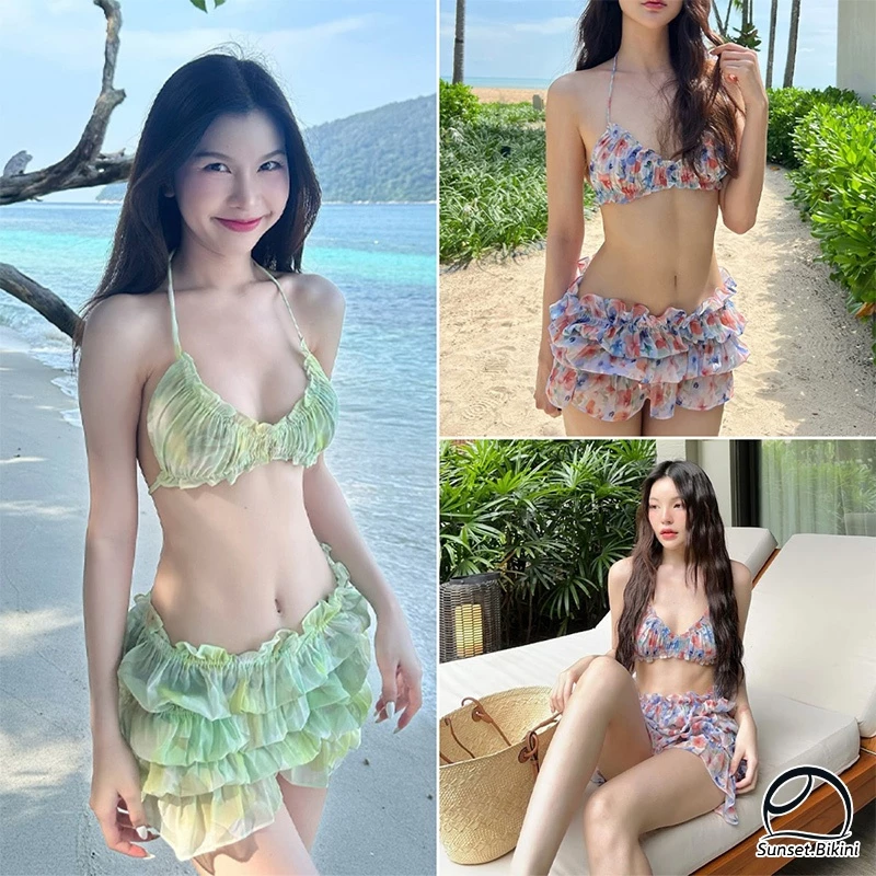 Sunset.Bikini🌊🌊สไตล์เซ็กซี่ ชุดบิกินี่ ชุดว่ายน้ำกระโปรง เอวสูง 3ชิ้น รุ่นใหม่ ผ้าน้ำหนักเบา ชุดไปทะเล