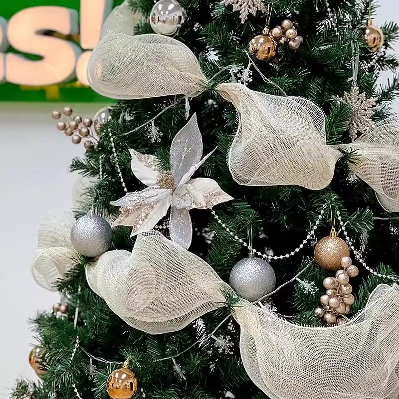 ริบบิ้นตกแต่งต้นคริสต์มาส ต้นคริสต์มาส DIY ริบบิ้นตาข่ายกลิตเตอร์ กว้าง 26 ซม. สีทอง ตกแต่งคริสต์มาสสีขาว พร้อมส่ง