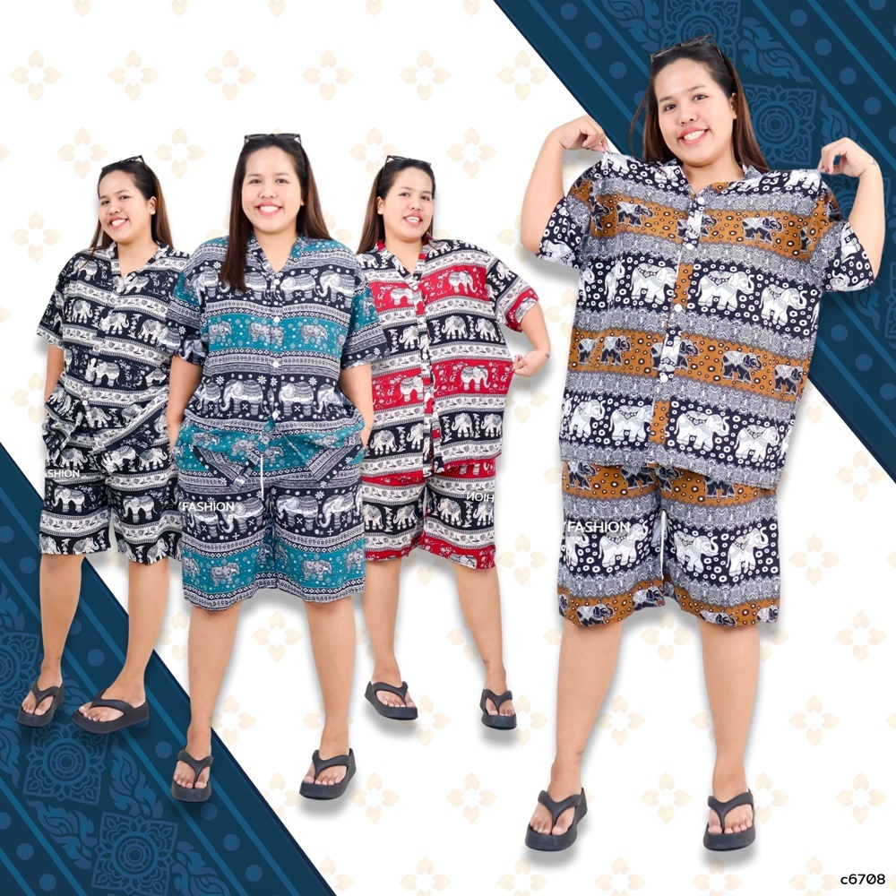 c6708# ชุดเซ็ท ไซส์ใหญ่ เสื้อคอจีน แขนสั้น กางเกงขาสั้น พิมพ์ลายช้าง ผ้าไหมอิตาลี่ ใส่ได้ทั้งชายและหญิง