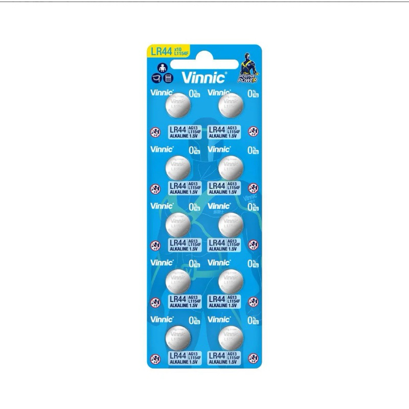 ถ่านกระดุม Vinnic LR1154F, LR44 1.5V Alkaline Battery จำนวน 10ก้อน ของใหม่ ของแท้