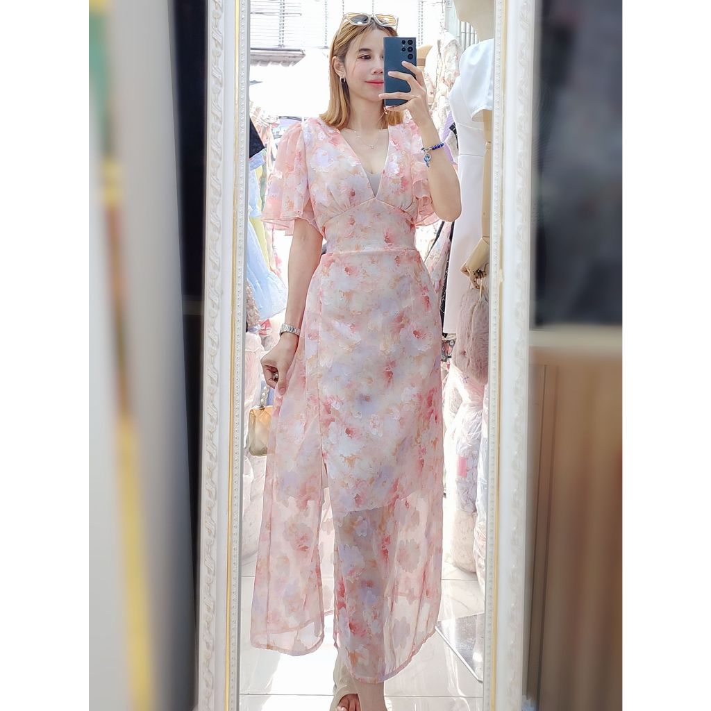 #365# เดรสยาว แขนปีกผีเสื้อปิดต้นแขน คอวีลึก - รูปที่ 2