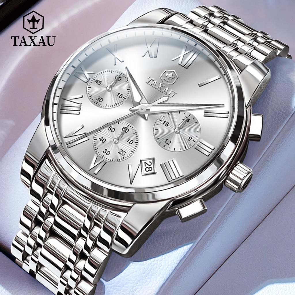 TAXAU นาฬิกาผู้ชาย กันน้ำ100% แท้ สไตล์ธุรกิจ ส่องสว่าง สายสเตนเลส ของขวัญวันเกิดผู้ชาย นาฬิกาควอตซ์