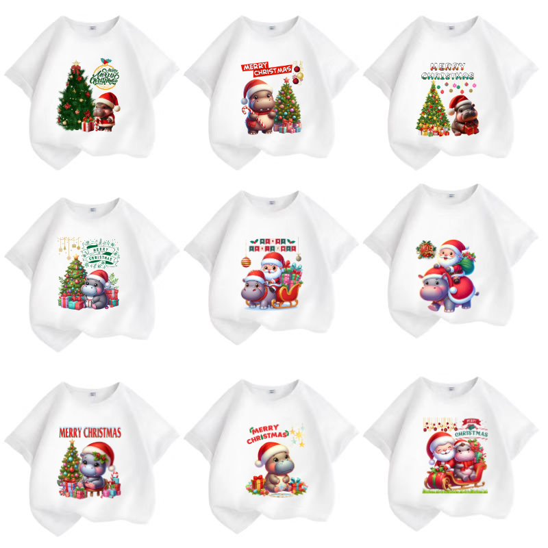 เสื้อยืดเด็กพิมพ์ลายน้องหมูเด้ง ฮิปโปแคระ วันคริสต์มาส Christmas Day เนื้อผ้าฝ้าย " สีขาว " A2