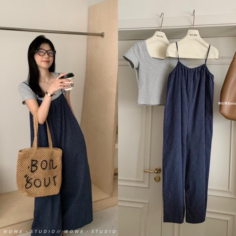 WG.WE Set 2 pcs เสื้อแขนสั้นคอกลม+ เอี้ยมกางเกงลายริ้ว สายปรับได้