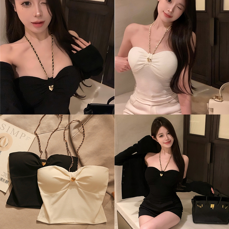 Elly พร้อมส่ง เสื้อสายเดี่ยวไหมพรม เสื้อคล้องคอเซ็กซี่ผู้หญิง คอวี เสื้อครอป ชุดไปทะเล ดูแพง สไตล์เวียดนาม