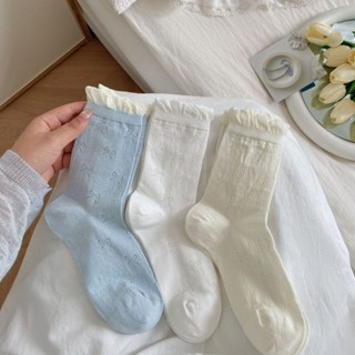🌸พร้อมส่งในไทย🧦ถุงเท้าข้อกลาง JK ถุงเท้าโบว์ สไตล์เกาหลี ผ้า…