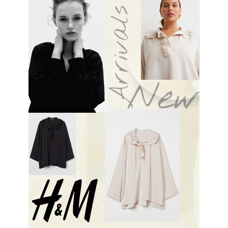 เสื้อแขนยาวคอวีดีเทลแต่งระบายช่วงปกเสื้อและคอ H&M Flounce-Collared V-Neck Long Sleeve Blouse เข้าใหม่
