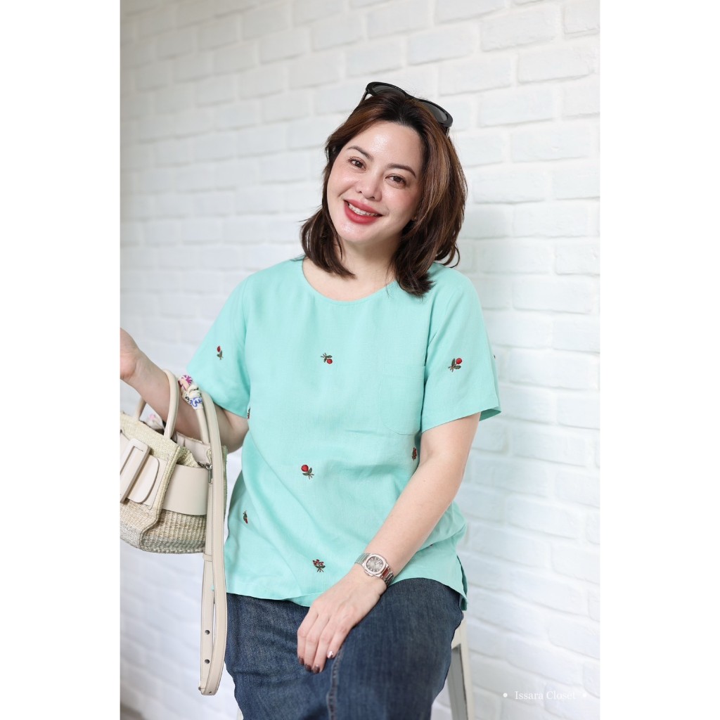 Tee Linen #ลายปักสีเขียวมิ้น