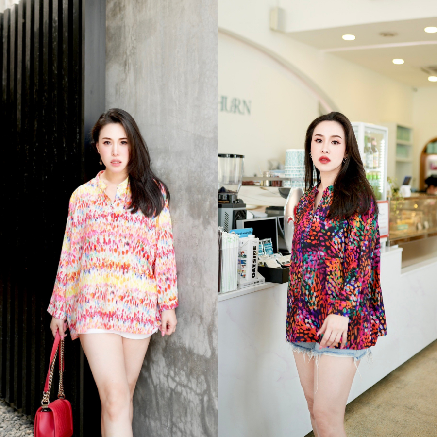 Lynlalin เสื้อคอวีผ้าชีฟองนาโน พิมพ์ลายตวัดสีพู่กันแบบคัลเลอร์ฟูล ให้ลุคเรียบหรูและสดใสในเวลาเดียวกัน รุ่น คัลเลอร์