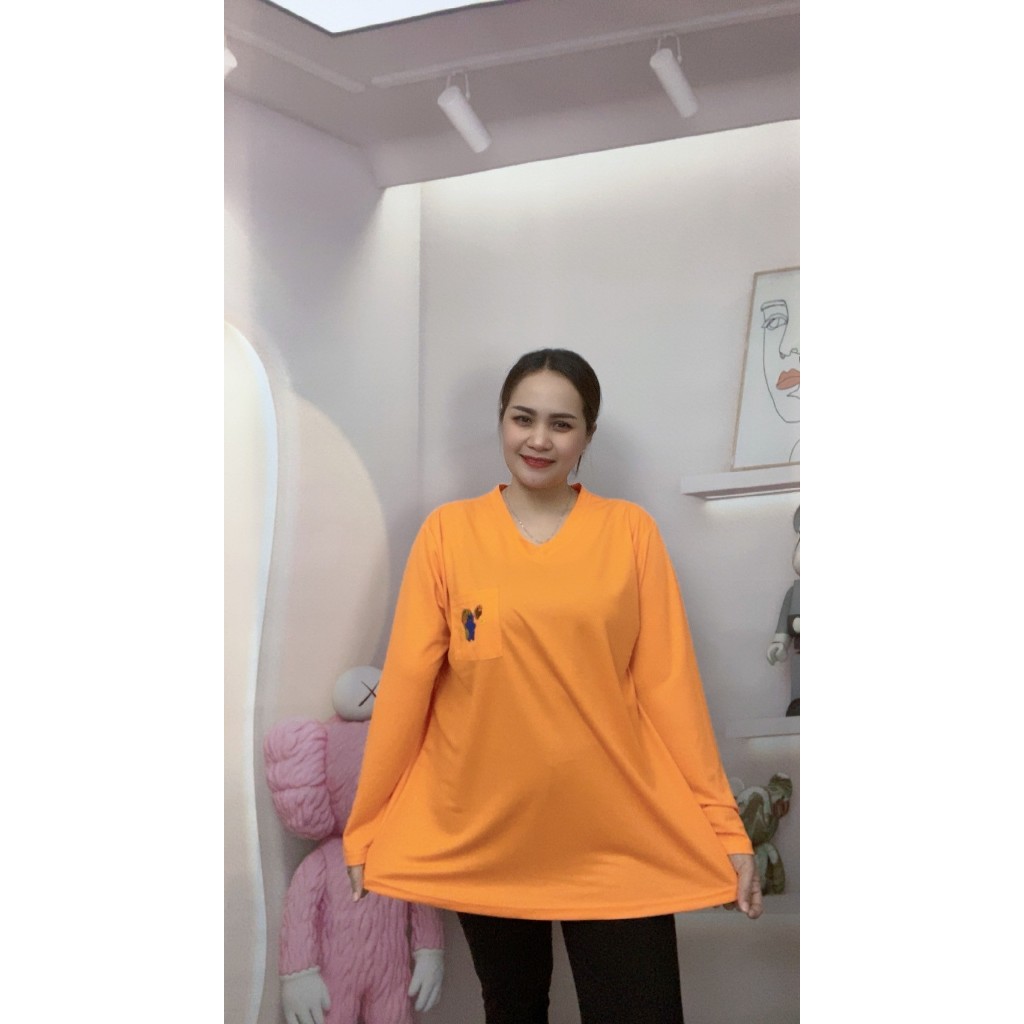 เสื้อยืดผู้หญิงสาวอวบ เสื้อแขนยาว อกฟรีไซร์44-50 oversize มีกระเป๋าลายปักน่ารัก รุ่น2522-หมี