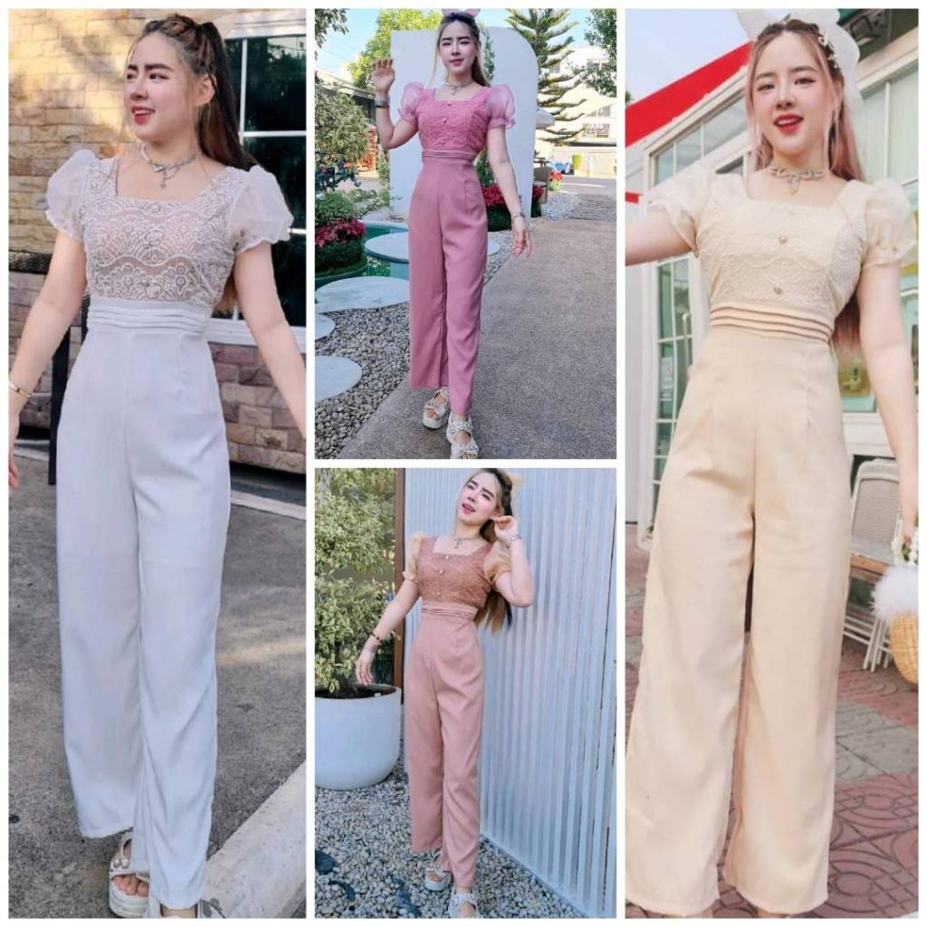 จั้มขายาว แขนตุ๊กตา ปักลายมงกุฎหน้าอก สวยสุดฮิต เสื้อผ้า ผู้หญิง Clothing