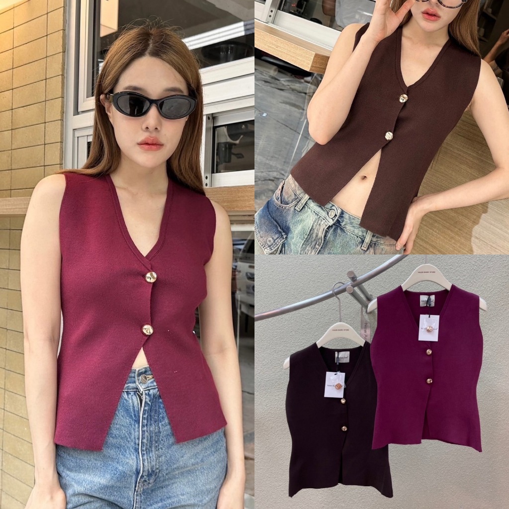 basic vest top เสื้อแขนกุด ผ้านิต คอวี แต่งกระดุมหน้าสีทอง ใช้งานได้จริง ทรงเป๊ะดีเทลสวยเรียบหรู เนื้อผ้าทออย่างดี