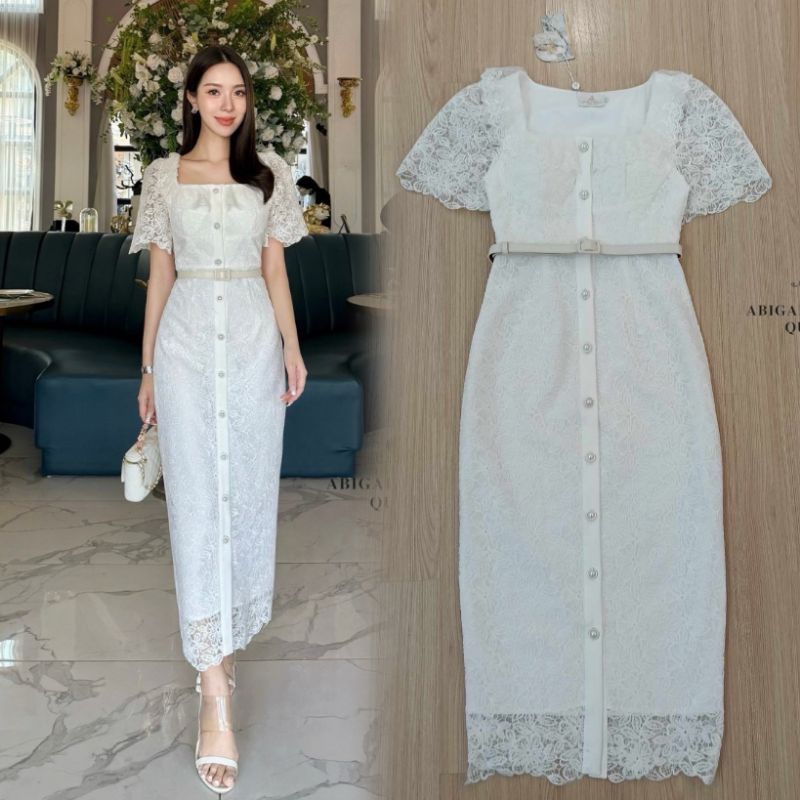 เดรสลูกไม้ขาวสวยสง่า!!! S-XL Maxi Dress เดรสสีขาวผ้าลูกไม้กระดุมมุกด้านหน้า+เข็มขัด งานป้าย