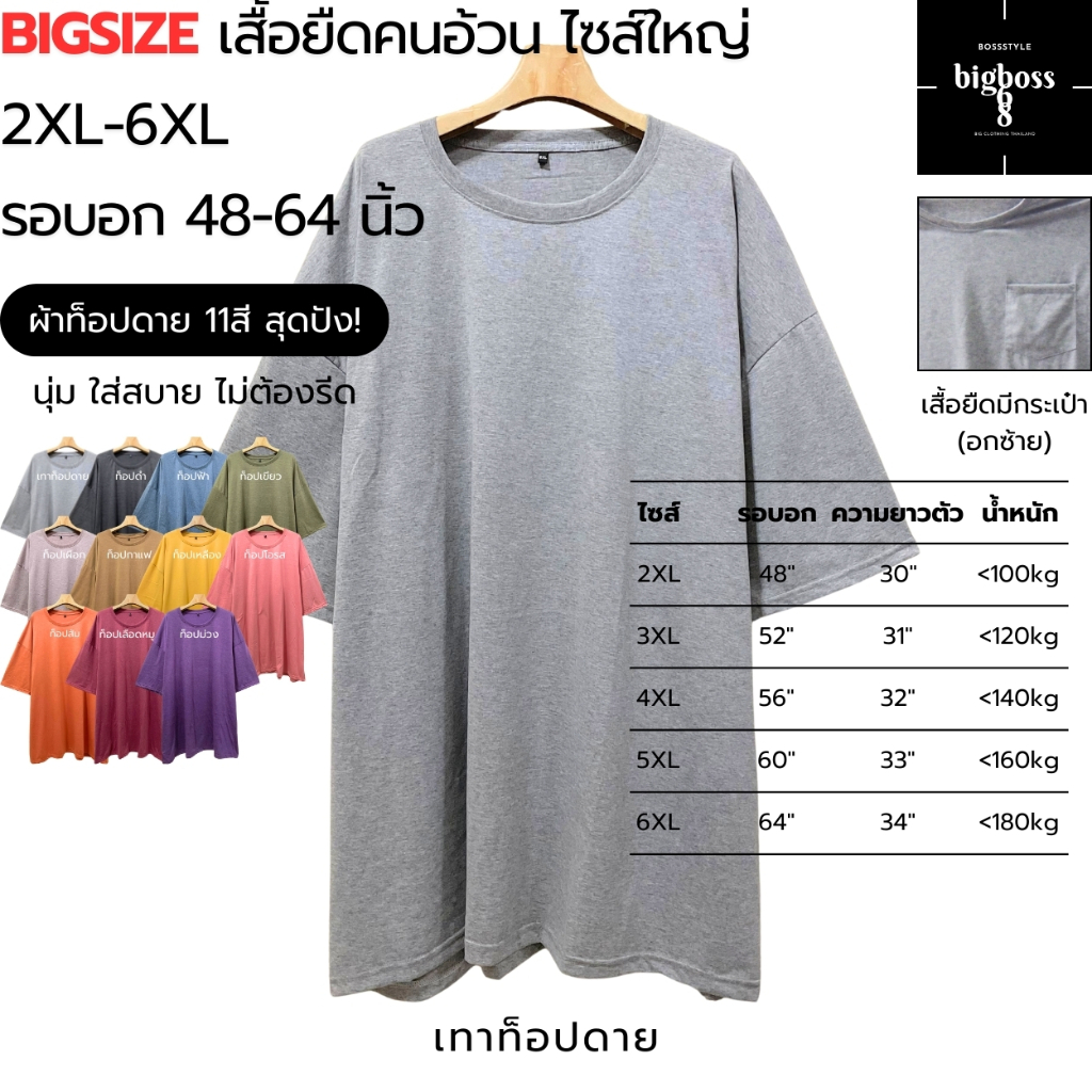 BIGSIZE 2XL-6XL เสื้อยืดคนอ้วนไซส์ใหญ่+เสื้อยืดคนอ้วนมีกระเป๋า(อกซ้าย) คอกลม ผ้าท็อปดาย(สีเทาท็อปดาย)100-170kgใส่ได้สบาย