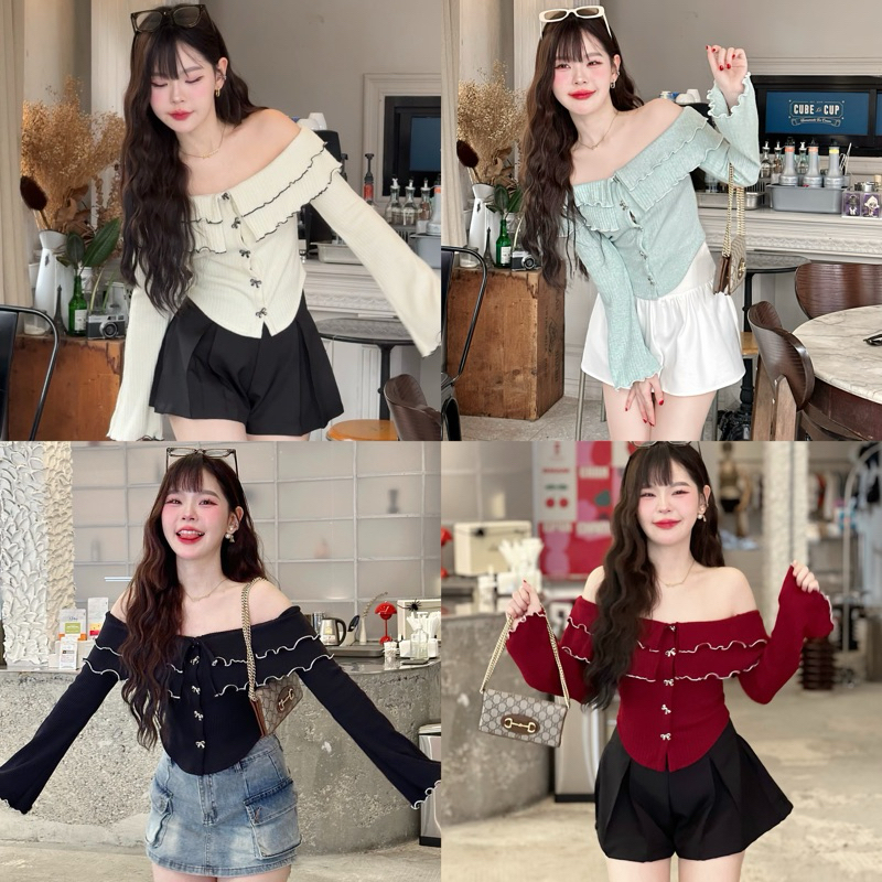 เพียง 329.- เมื่อกดใช้โค้ด 30% เก็บได้ที่หน้าร้าน - rabbit bow เสื้อเปิดไหล่กระดุมโบว์