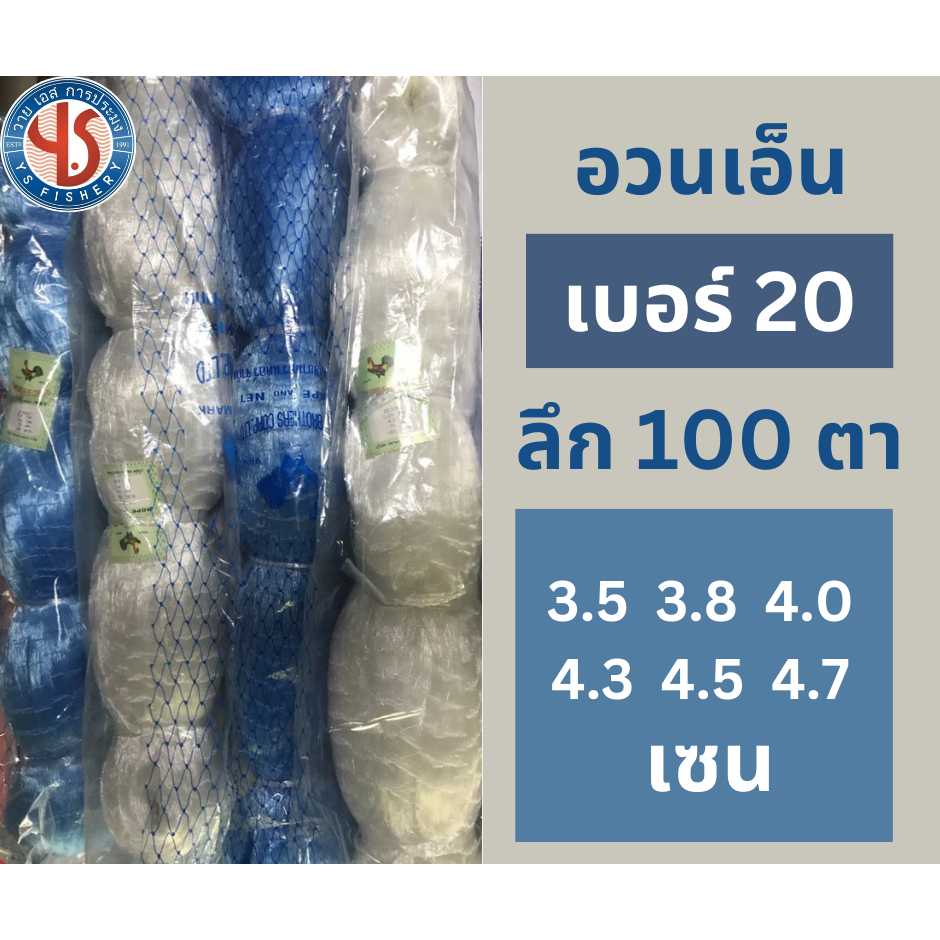 อวนเอ็นเบอร์ 20 ลึก 100 ตา  ขนาดตา  3.5  3.8  4.0 4.3  4.5 4.7 เซน ยาว 180 ม. ตราไก่ สีฟ้า/ขาว  อวนปลากระบอก อวนปลาทราย