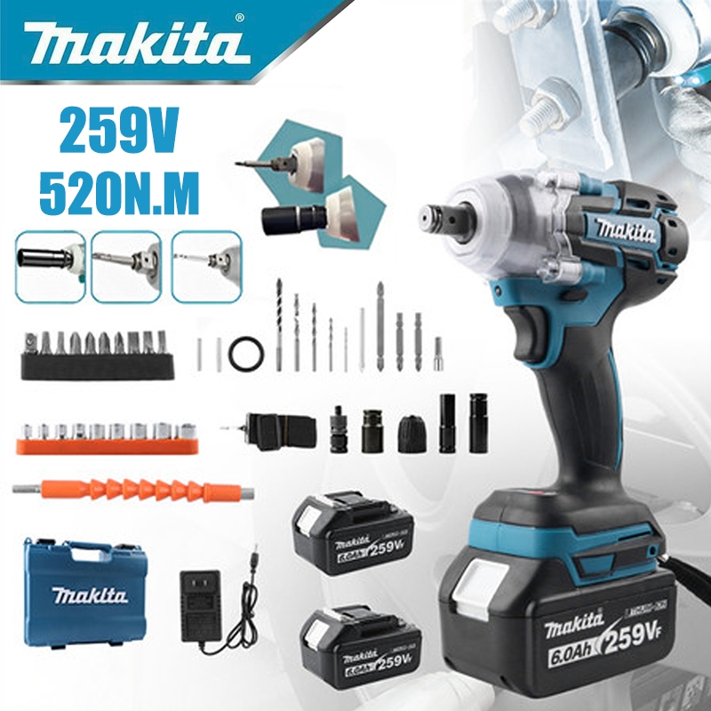 Makita ประแจไฟฟ้าไร้สาย 259V ประแจไฟฟ้า 520 N.M 2 แบตเตอรี่ลิเธียม Brushless Electric Impact Wrench แรงบิดสูง มีความแข