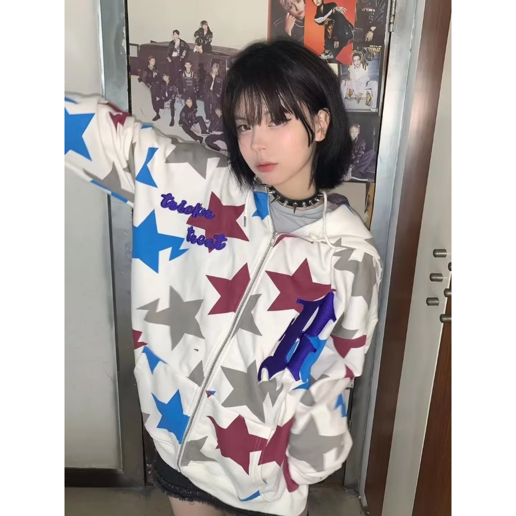 ⭐เสื้อกันหนาว เสื้อฮู้ดลายดาว เสื้อแจ็คเก็ตลำลอง พิมพ์ตัวอักษร แขนยาว ใส่ได้ทั้งชายและหญิง