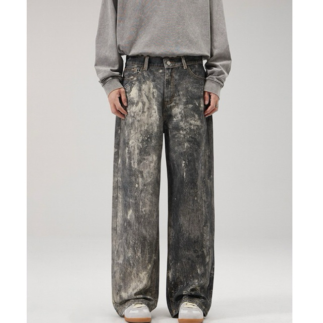 กางเกงยีนส์ทรงกระบอก splashed ink jeans ยีนส์พิมพ์ลาย