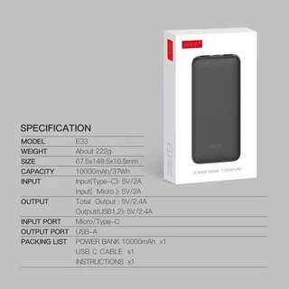 Eloop E33 พาวเวอร์แบงค์ แบตสำรอง 10000mAh Power Bank ชาร์จเร็ว 2.4A เพาเวอร์แบงค์ Fast Charge