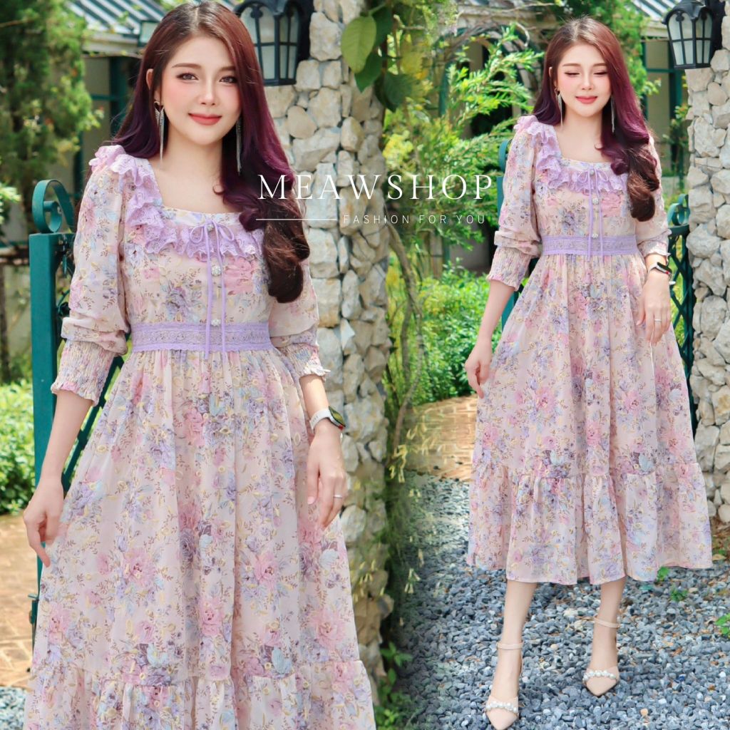 Maxidress สไตล์วินเทจ เนื้อผ้าชีฟองฉลุปักลูกไม้ทั้งตัว S-2XL เดรสลายดอก ชุดใส่ไปเดท เดรสยาว ไปทะเล ออกงาน ไปงาน PATCHA