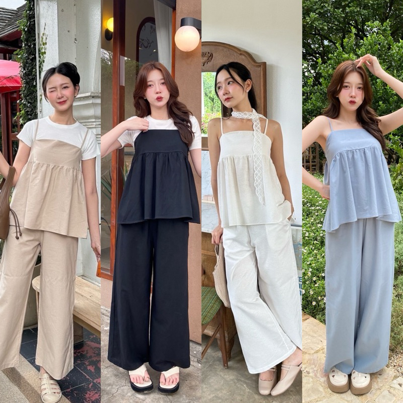Teera พร้อมส่ง งานชุดSetผ้าลินิน เสื้อสายเดี่ยวปรับสายได้ข้างหลังมียาง กางเกงมีกระเป๋าล้วงสองข้าง nanny
