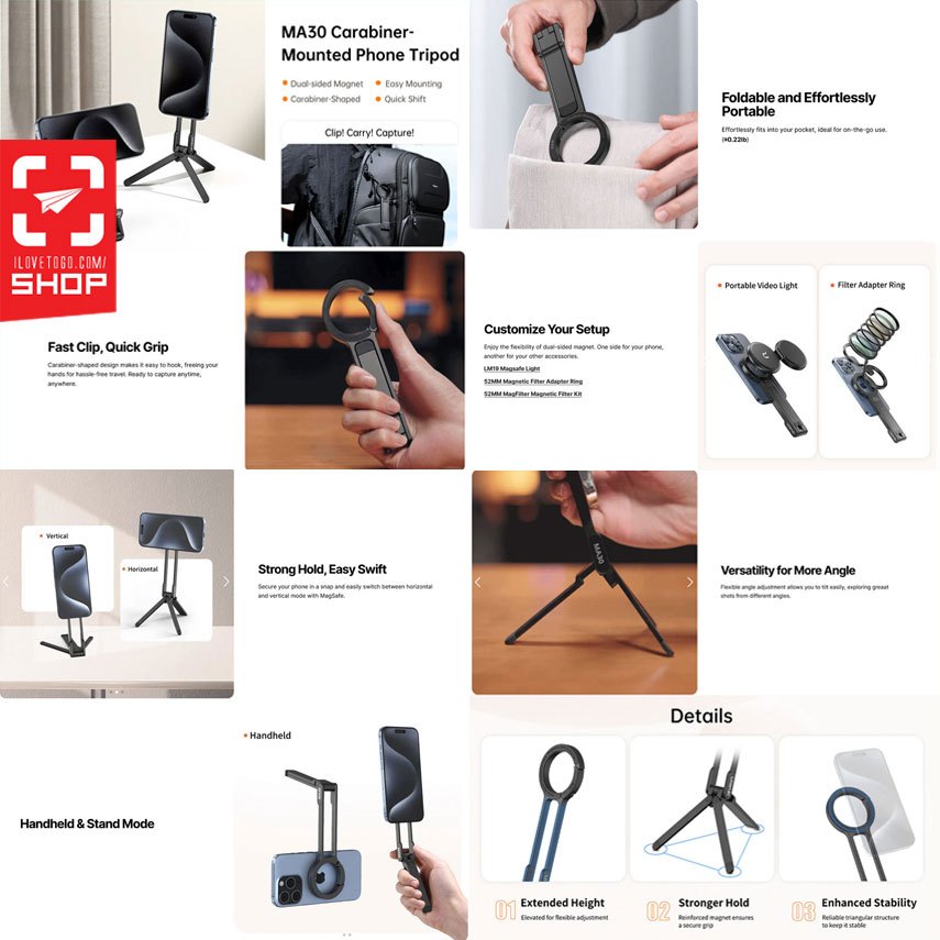 ขาตั้งสมาร์ทโฟน Ulanzi - MA30 Carabiner-Mounted Phone Tripod M030