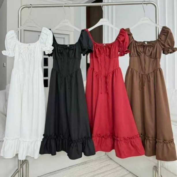 PT061 เดรสยาวแขนตุ๊กตาปลายระบาย PROMTHONG