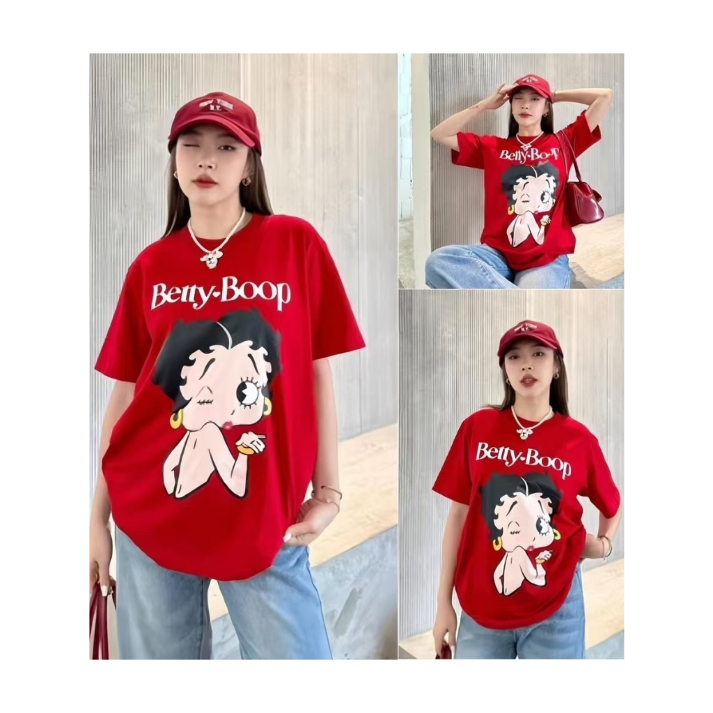 ปกติ 𝑨𝒍𝒊𝒄𝒆 เสื้อยืดโอเว่อไซส์ งานป้าย เสื้อยืดสีแดง ลาย BETTY BOOP งานนำเข้าเกาหลีS-3XL