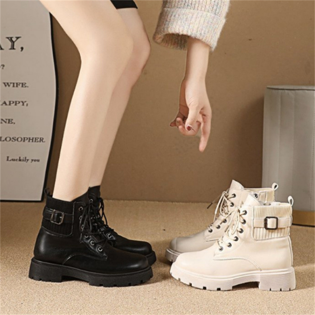 ผูกขึ้น รองเท้ามาร์ตินสไตล์อังกฤษแฟชั่นสีทึบหนา แต่เพียงผู้เดียวรอบหัวซิปด้านข้างรองเท้าสั้น