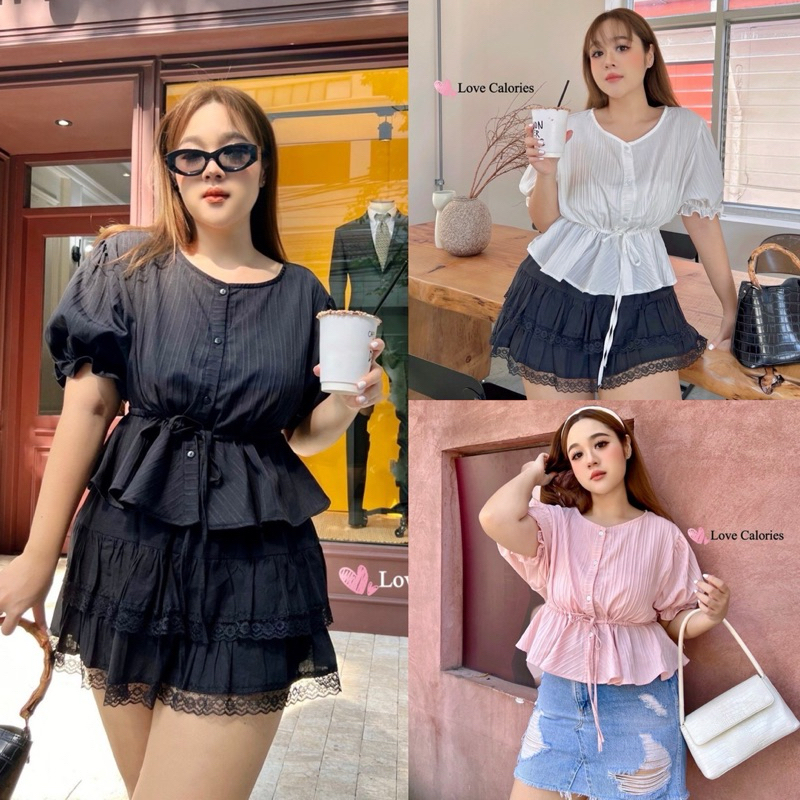 /LC/ เสื้อสาวอวบแขนตุ๊กตา แต่งระบาย เชือกรูดเอวเข้าทรง #เสื้อผ้าไซส์ใหญ่ สาว อ้วน พลัสไซส์