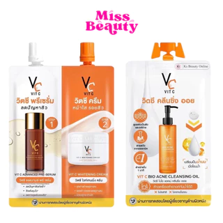 (1ซอง) ดับเบิ้ลวิตซี 2 STEP วิตซีน้องฉัตร VC Vit C Bio Face Advanced Pre-Serum + Whitening Cream 4+4 g. / คลีนซิ่ง 18มล.