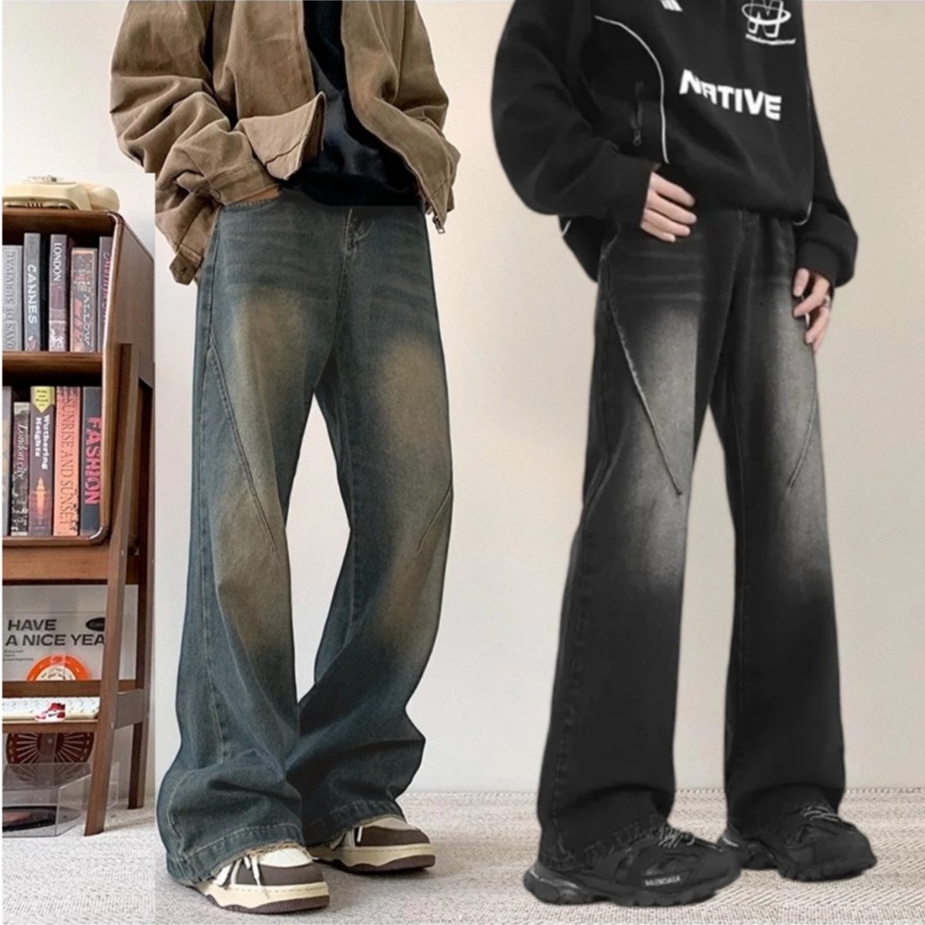 👖จัดส่งรวดเร็ว👖กางเกงยีนส์ผู้ชาย ยีนส์ขากระบอก ทรงหลวม ย้อนยุค มีซิป ไฮเอน สไตล์เกาหลี แมตช์ได้กับทุกชุด