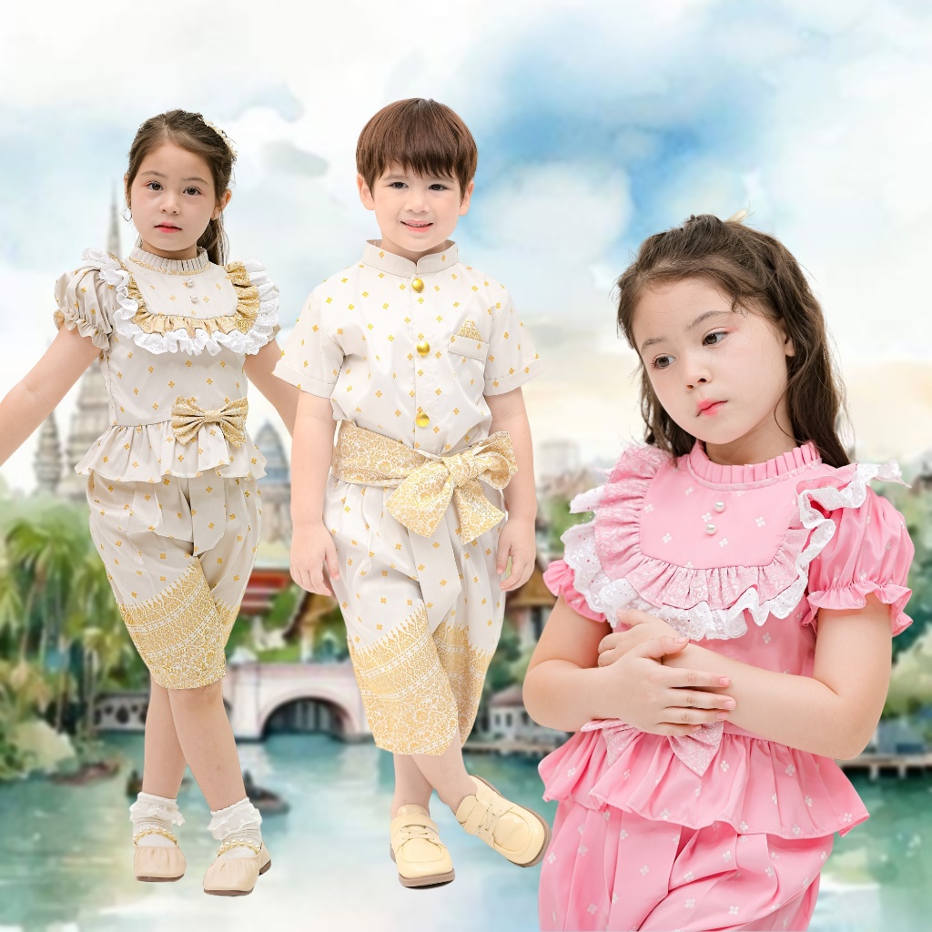 ชุดไทยเด็ก ชุดไทยไปโรงเรียน สงกรานต์ เสื้อแขนตุ๊กตา โจงกระเบน ผ้าไหมแพรวพรรณ ชุดไทยเด็กหญิง เด็กโต