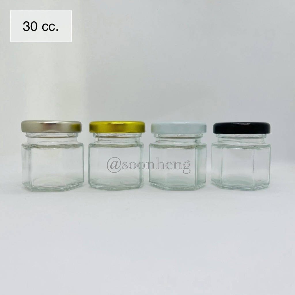 กระปุกแก้ว หกเหลี่ยม 30 cc พร้อมฝา