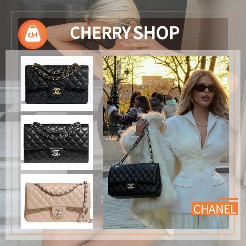 🍒ชาแนล Chanel Classic Flap CF BAG🍒กระเป๋าโซ่/กระเป๋าสะพายสุภาพสตรี Black gold 23cm&25cm A01112🍒