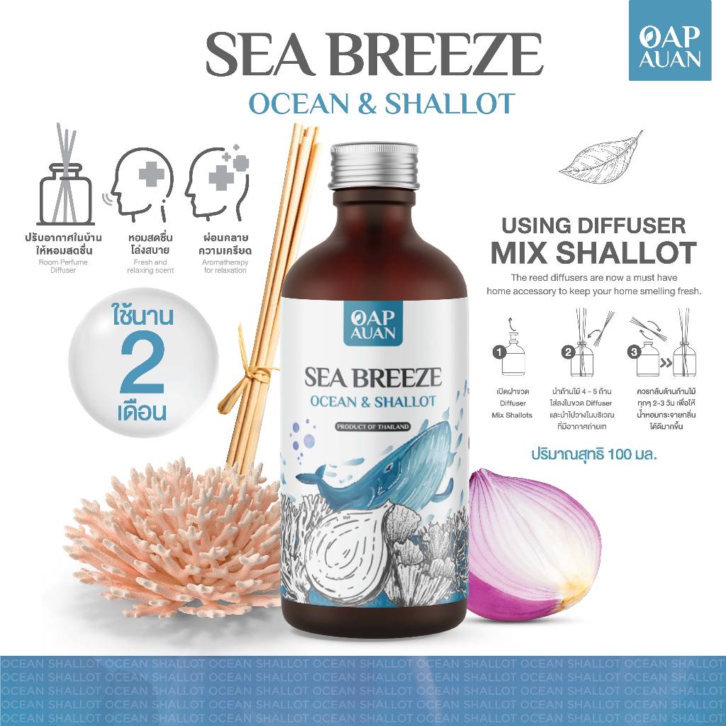 ก้านไม้หอม x หอมแดงสกัด (กลิ่นโอเชี่ยน) 100 ml 🍃น้ำหอมปรับอากาศ Sea Breeze🍃 Reed Diffuser & Shallot