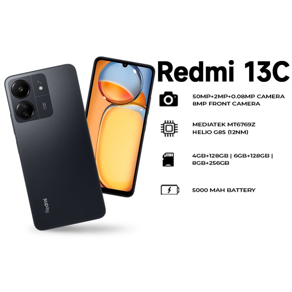 สมาร์ทโฟน Redmi 13C 8+256GB ชาร์จเร็ว จอ 6.74 นิ้ว กล้อง 50MP+2MP สนับสนุนชาร์จเร็วผ่านสาย แบตเตอรี่ 5,000mAh