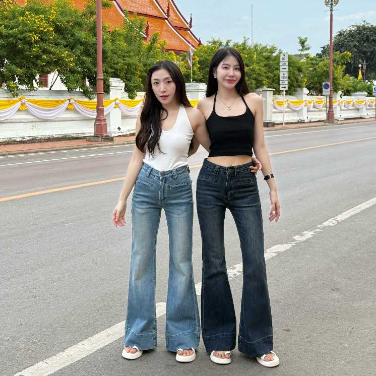 PP7136 กางเกงยีนส์ขาม้าโพนี่แต่งกระเป๋าขีด Women