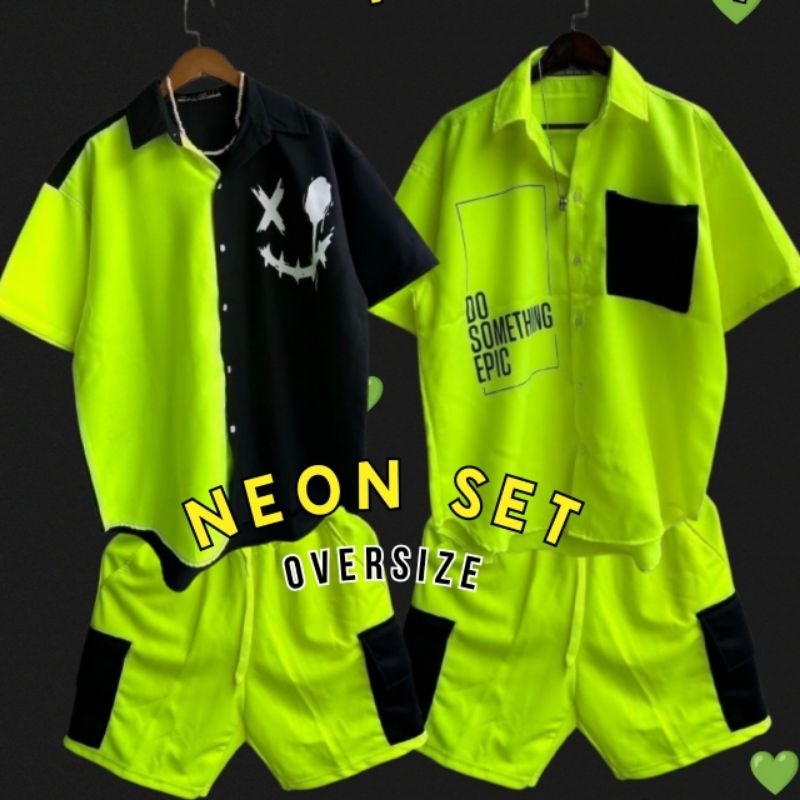 COVERSTREET พร้อมส่งจากไทย Setเสื้อ+กางเกง ชุดสงกรานต์ ชุดนีออนผู้ชาย เสื้อนีออน ชุดสะท้อนแสง เสื้อสงกรานต เสื้อเชิ้ต