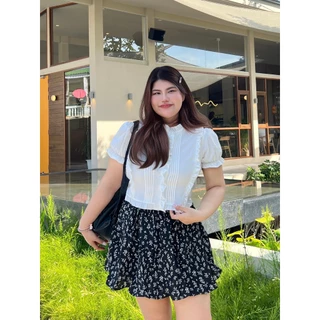 CiCi Plus+(3345) เสื้อแขนสั้นแต่งระบายขอบสไตล์เกาหลี เหมาะสำหรับสาวพลัสไซส์
